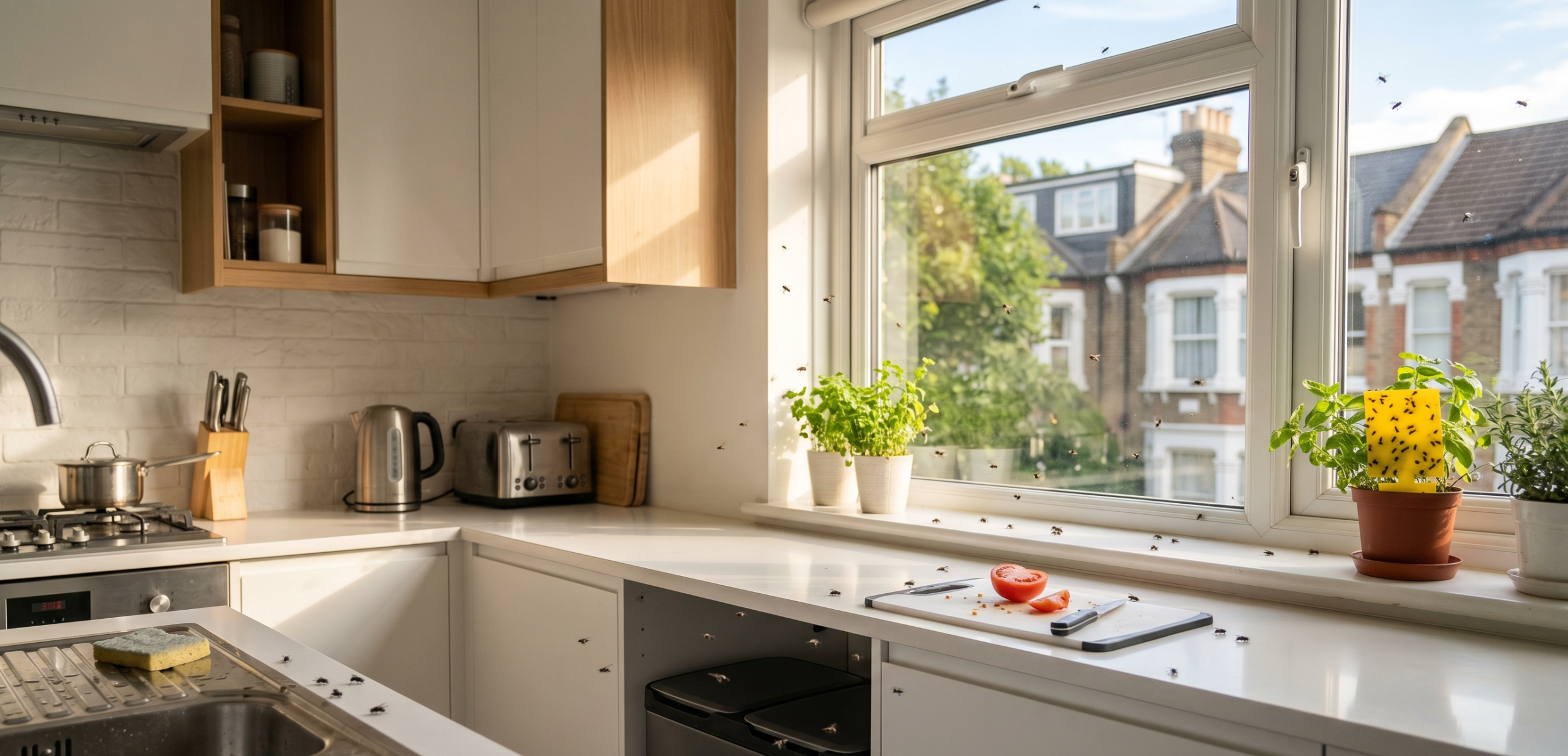 summer fly infestation near kitchen window and food preparation area