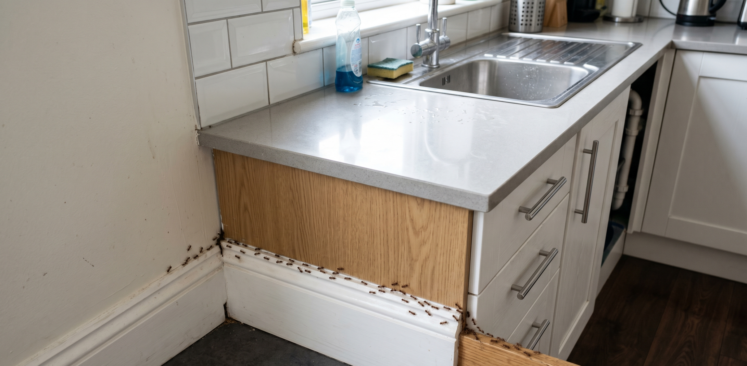 ant trail inside modern London kitchen near sink and countertop edges