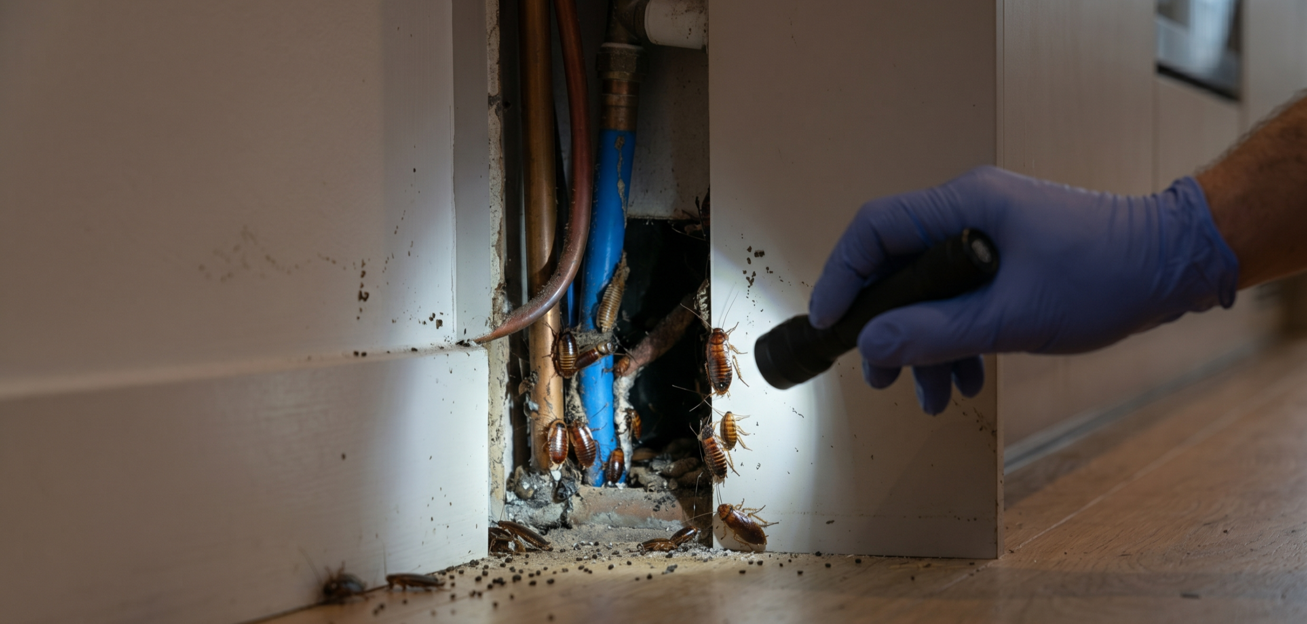 cockroach infestation hidden behind kitchen appliances and inside dark cupboard spaces