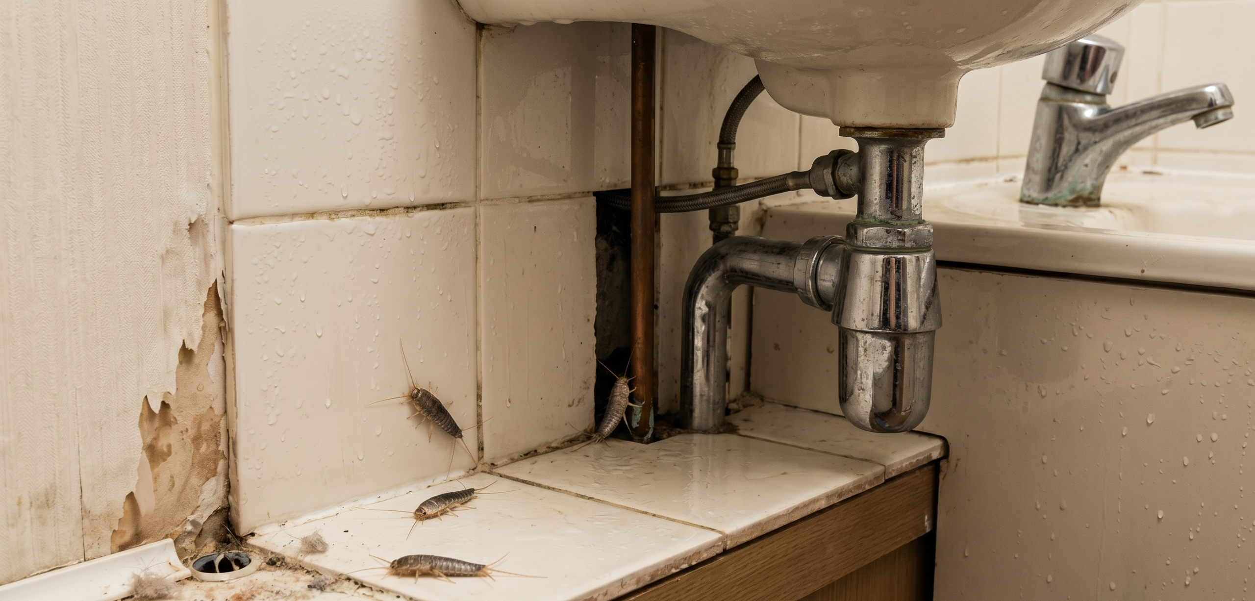 silverfish activity inside damp bathroom near tiles, condensation, and pipework