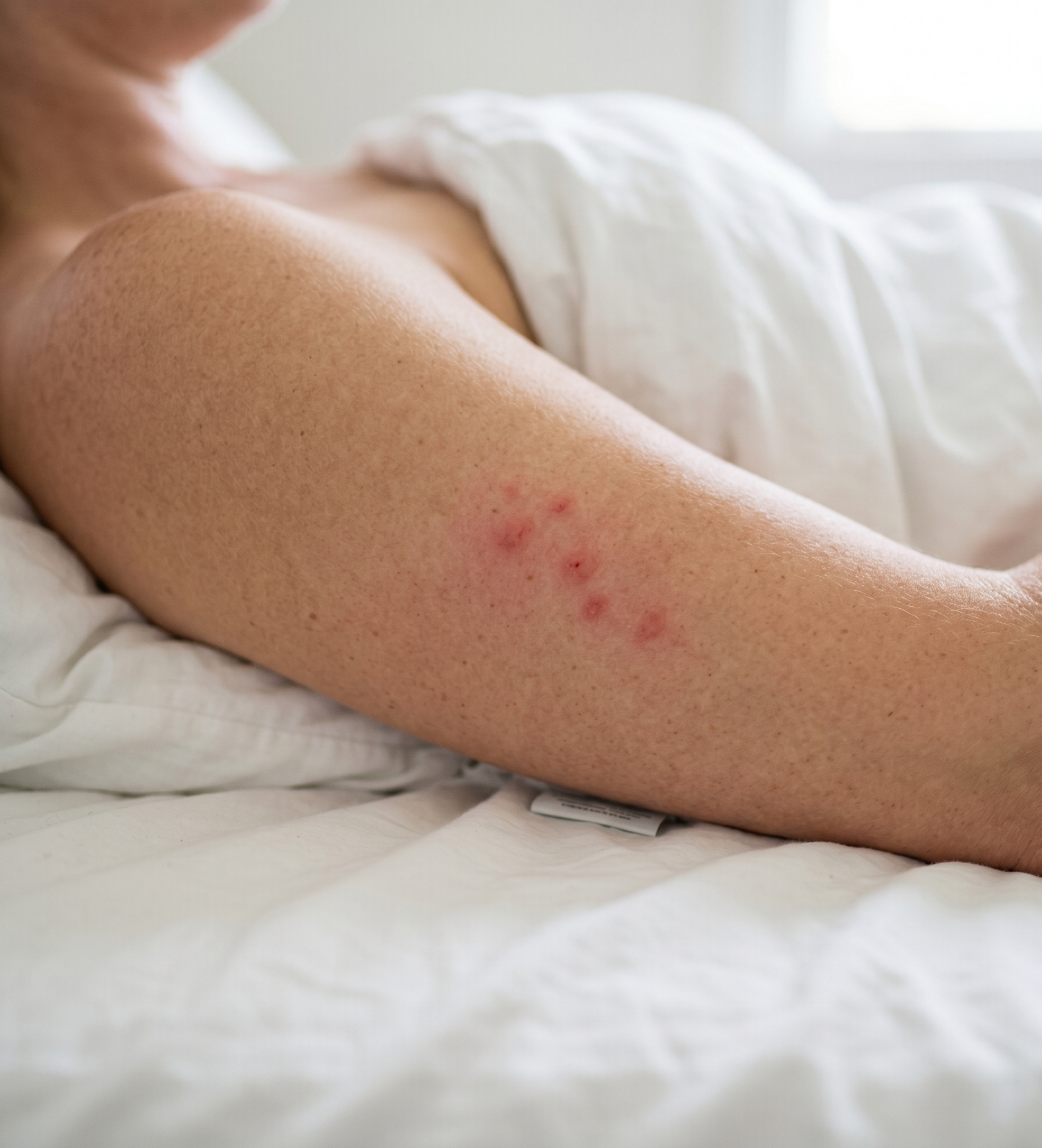bed bug bites on human arm and shoulder