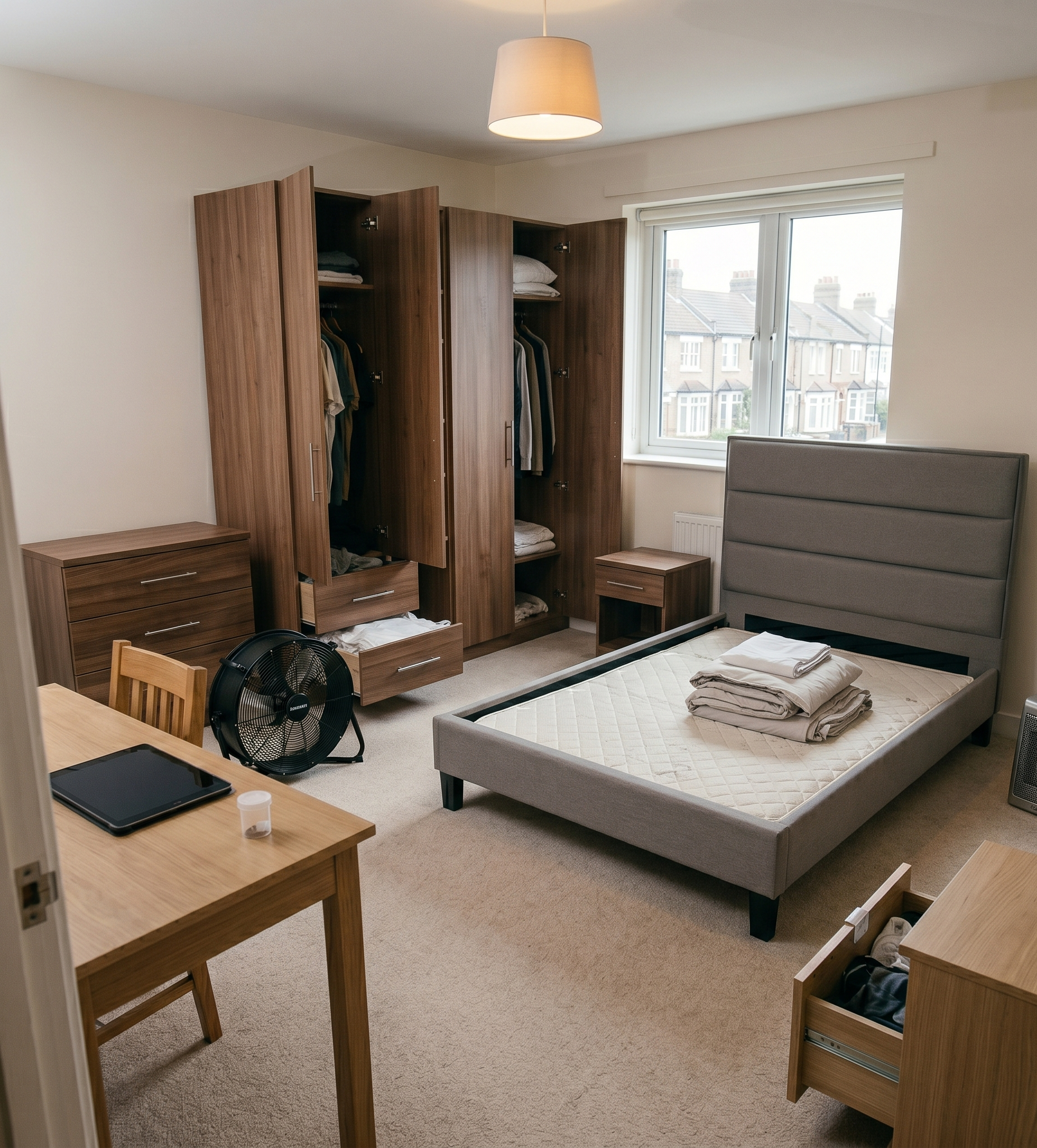 bedroom prepared for professional bed bug heat treatment