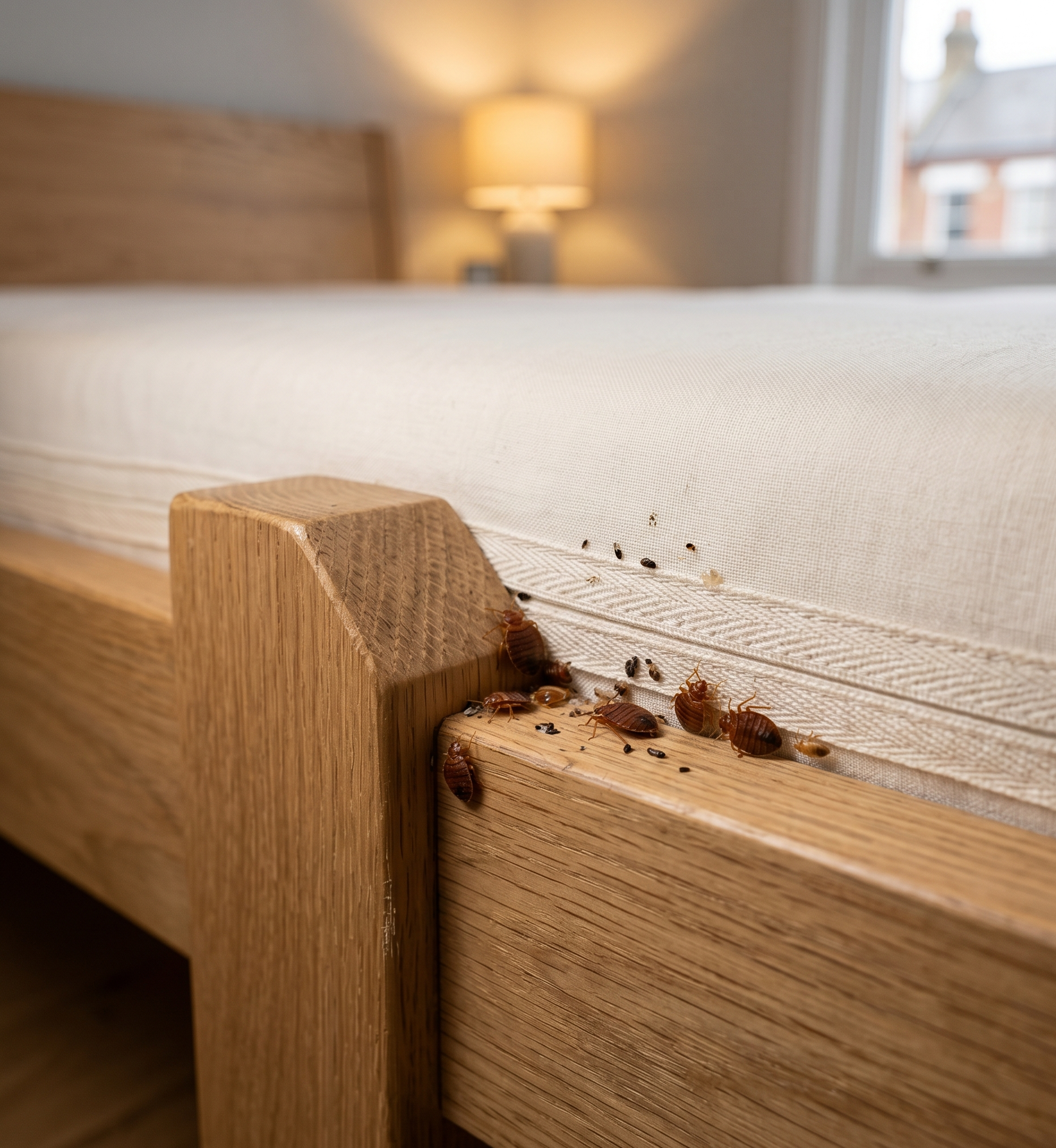 close-up of bed bugs hiding along mattress