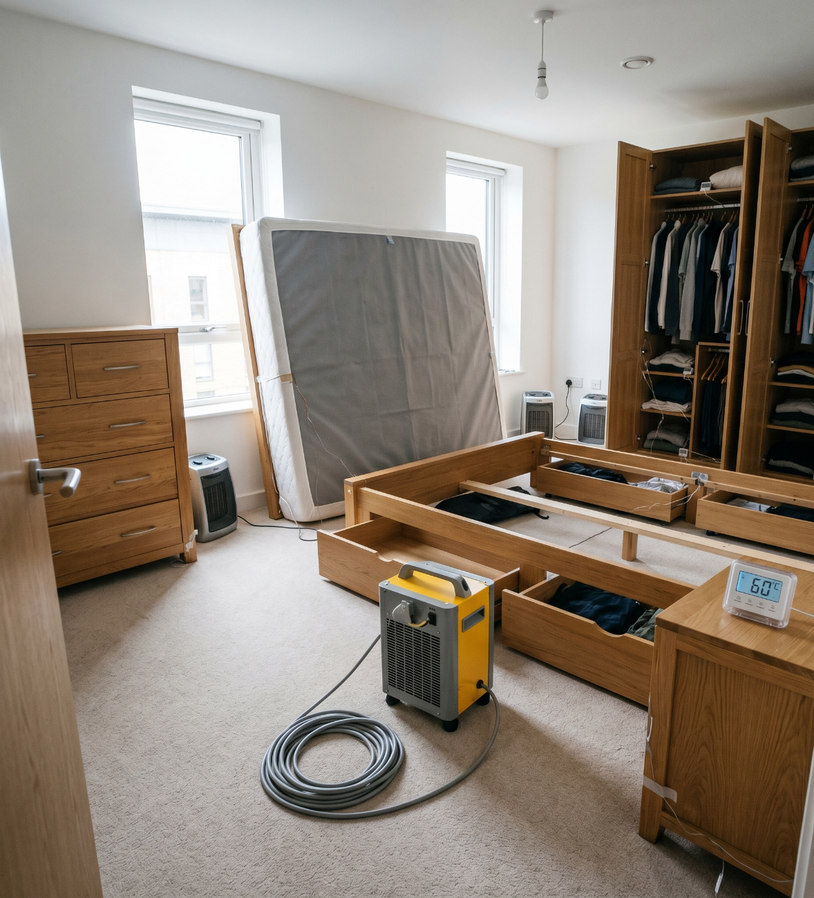 Professional heat treatment setup inside a bedroom