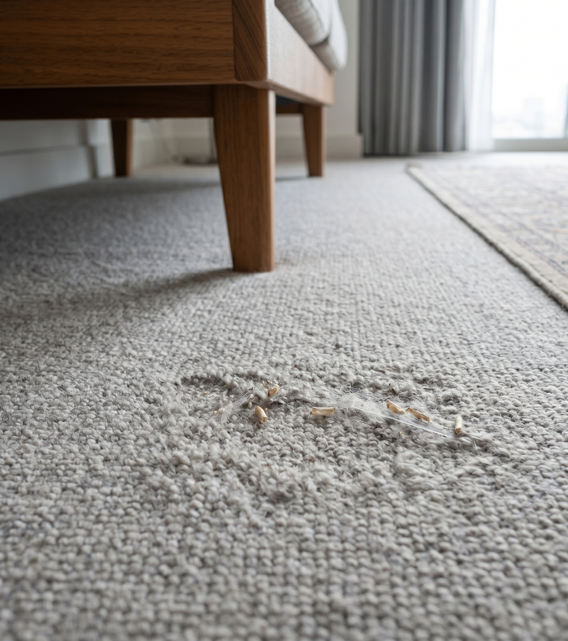 wool carpet with subtle moth larvae damage and thinning fibres