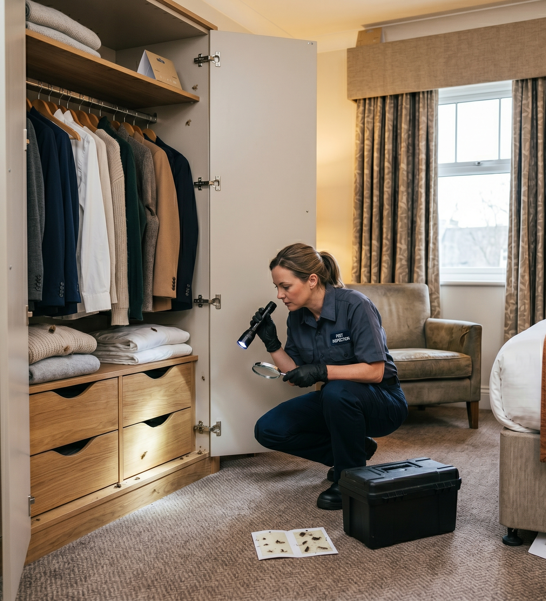 Professional moth inspection inside hotel room