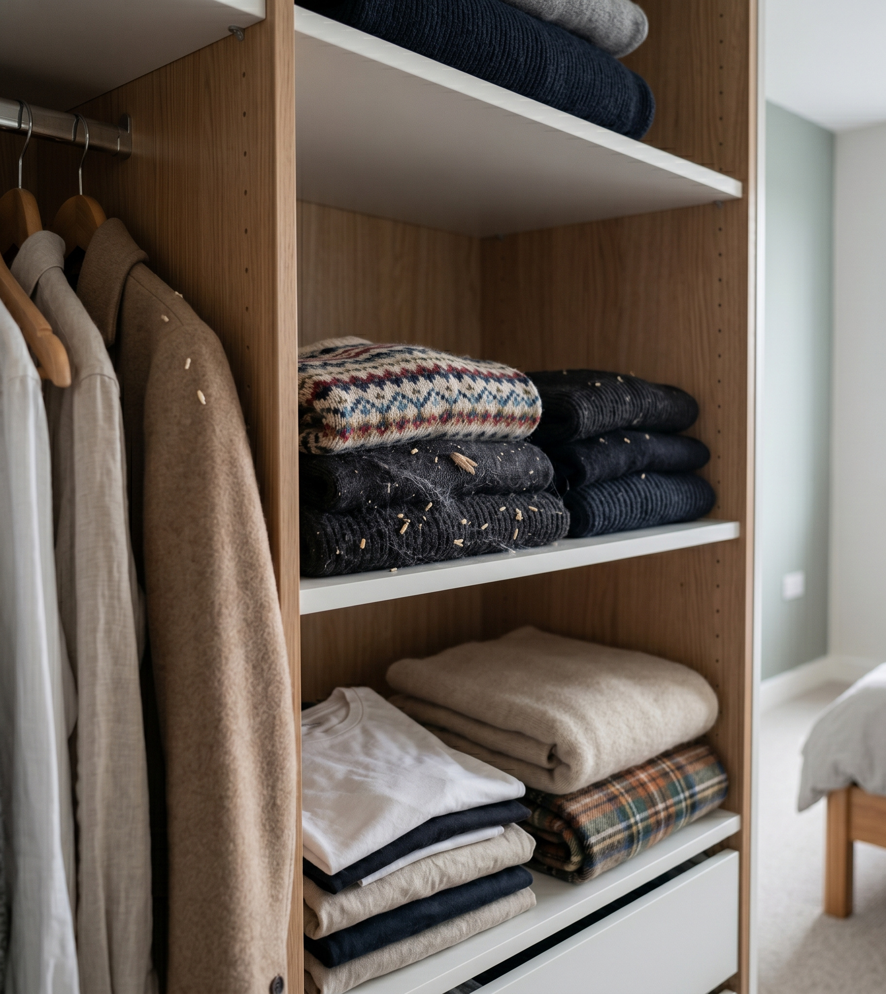 wardrobe interior with natural fibre clothing and subtle moth infestation signs