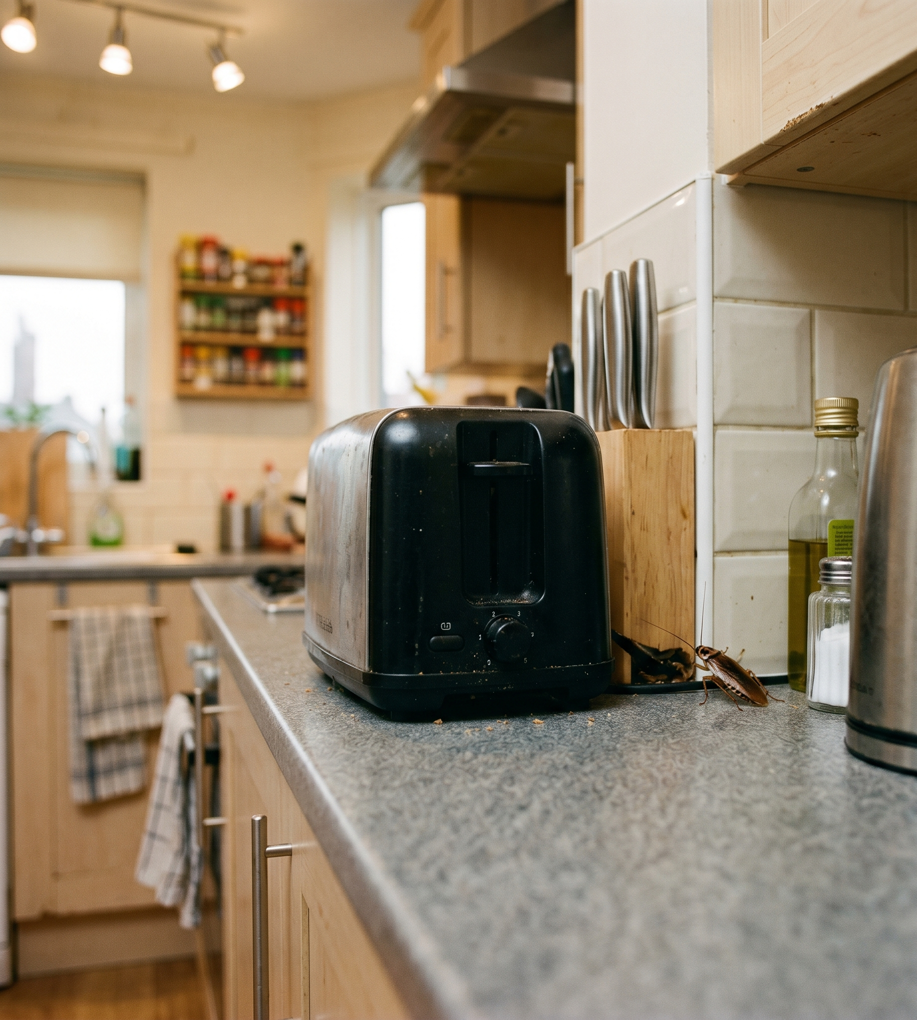 cockroach partially visible behind kitchen appliance