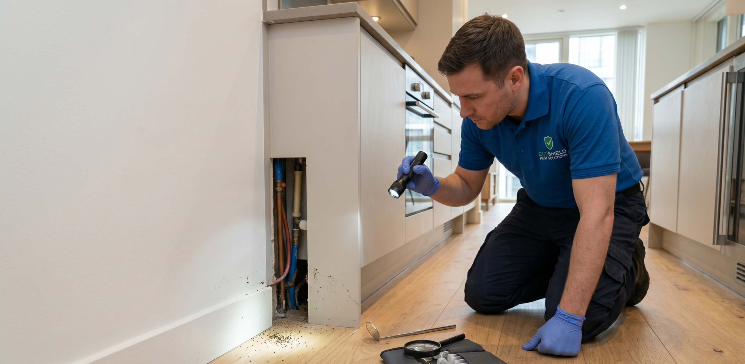 Professional pest inspector inside modern London property checking hidden infestation signs around kitchen cabinets, pipework, and wall gaps